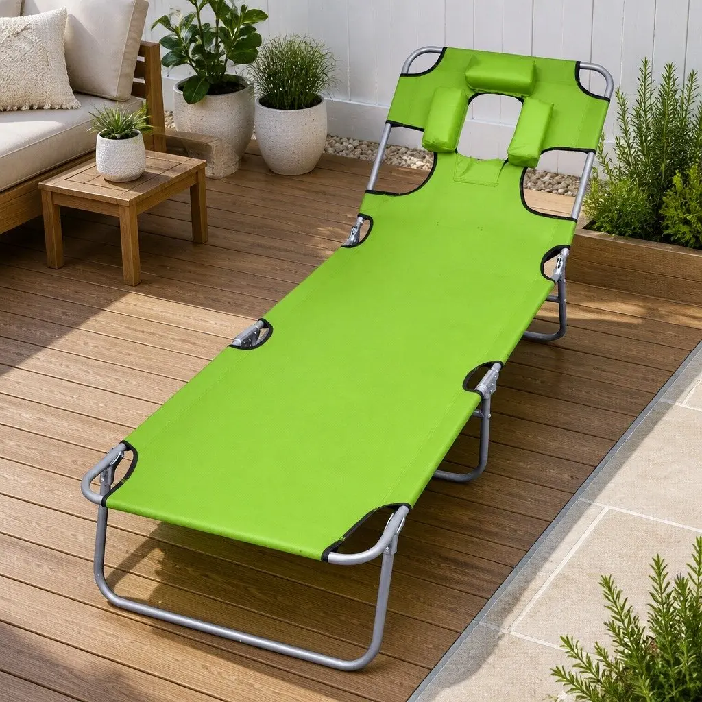 Adjustable Folding Sun Lounger Green with Head Cushion for Outdoor Relaxation