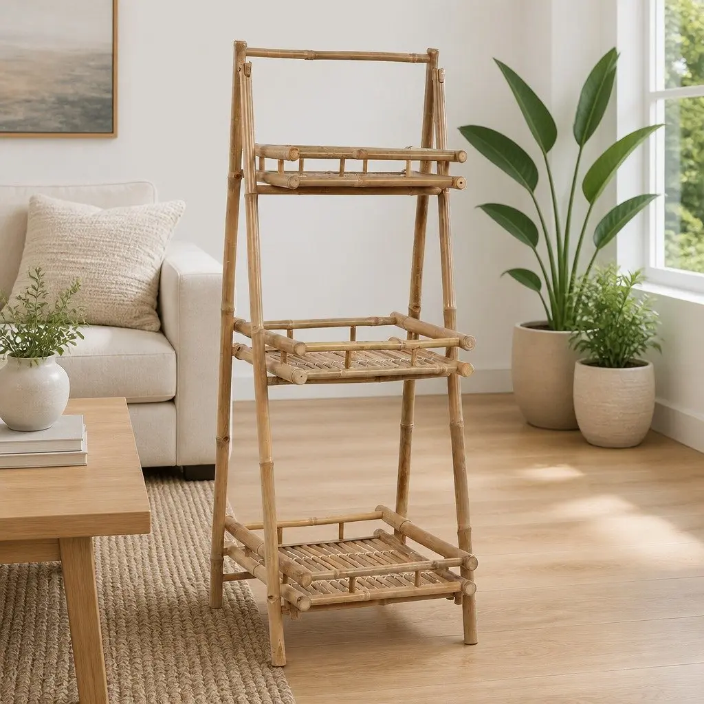 3TierBambooFoldingPlantRackTriangularFrameBrownGardenPatioDisplayStand