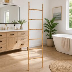 Bamboo Towel Ladder 6 Rungs Free Standing Bathroom Storage Rack Home Decor
