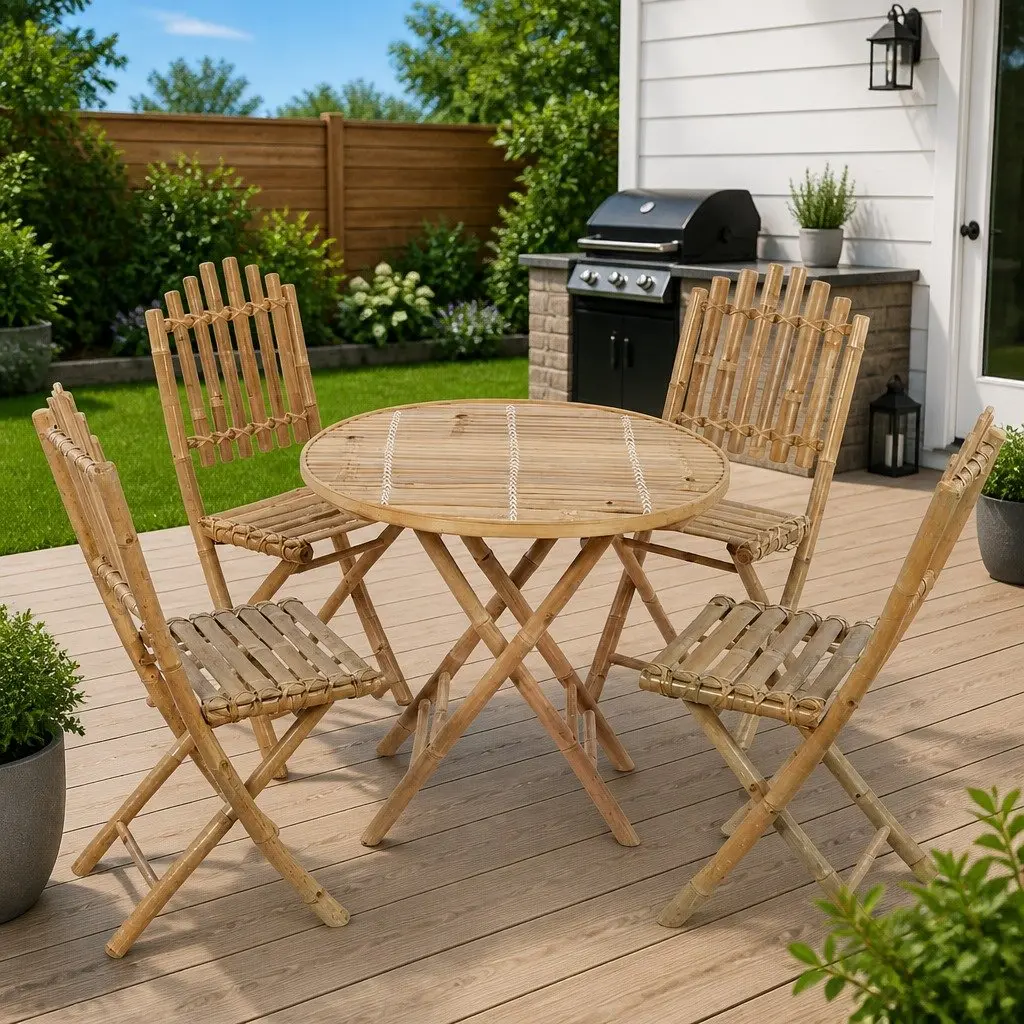 Outdoor Dining Set 5 Piece Folding Table Chairs Brown Bamboo Patio Furniture