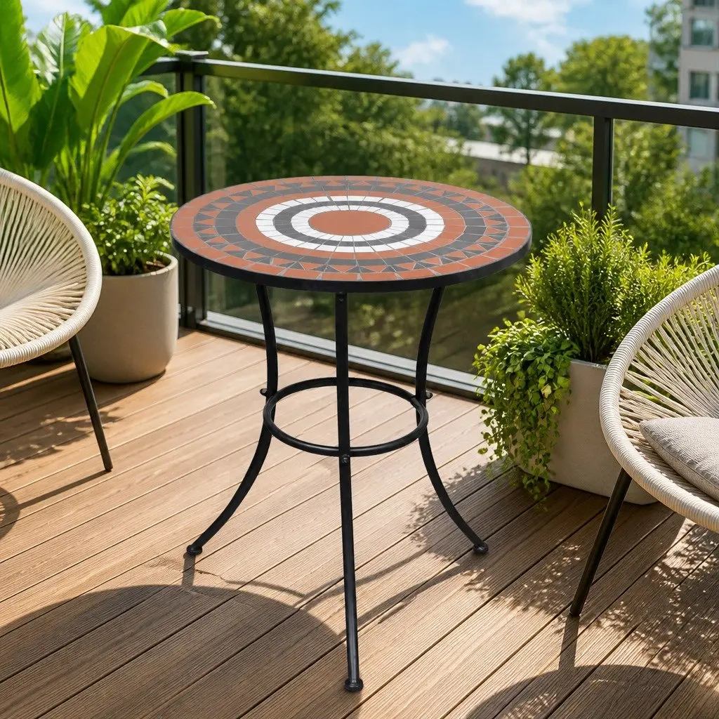 Mosaic Bistro Table Ceramic Top 60cm White and Terracotta Iron Frame
