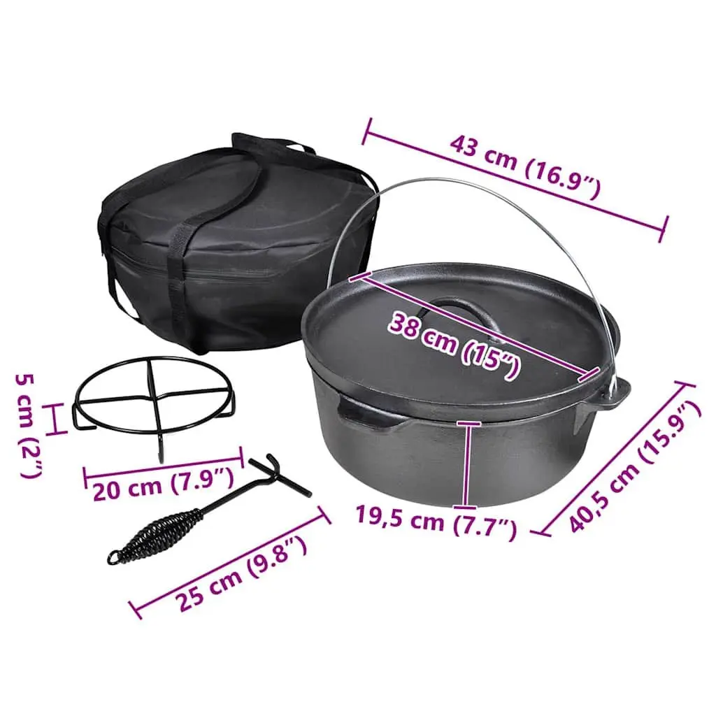 Dutch Oven Heavy Duty Black Cookware 11.3L Capacity with Lid Lifter Stand and Carrying Bag