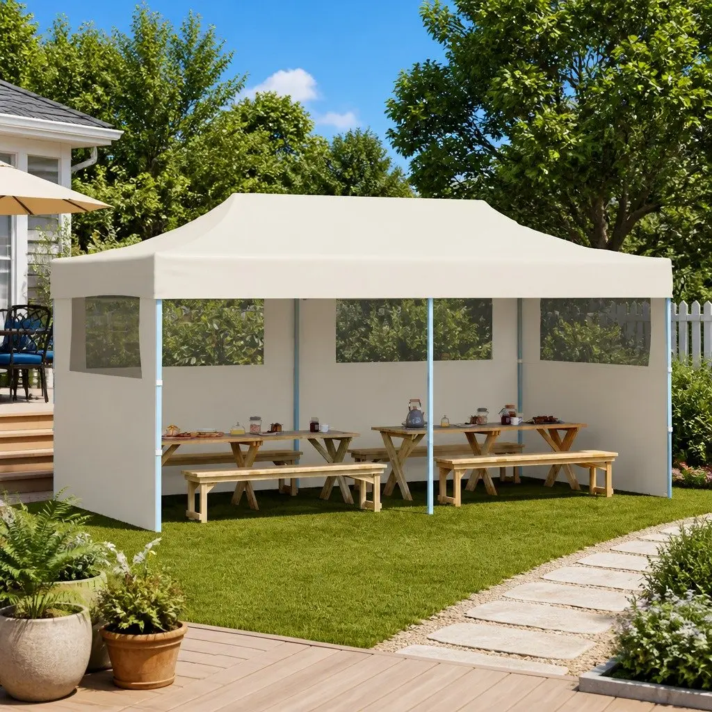 Pop-up Party Tent Waterproof Oxford Fabric 3 x 6 m Cream Powder-coated Steel