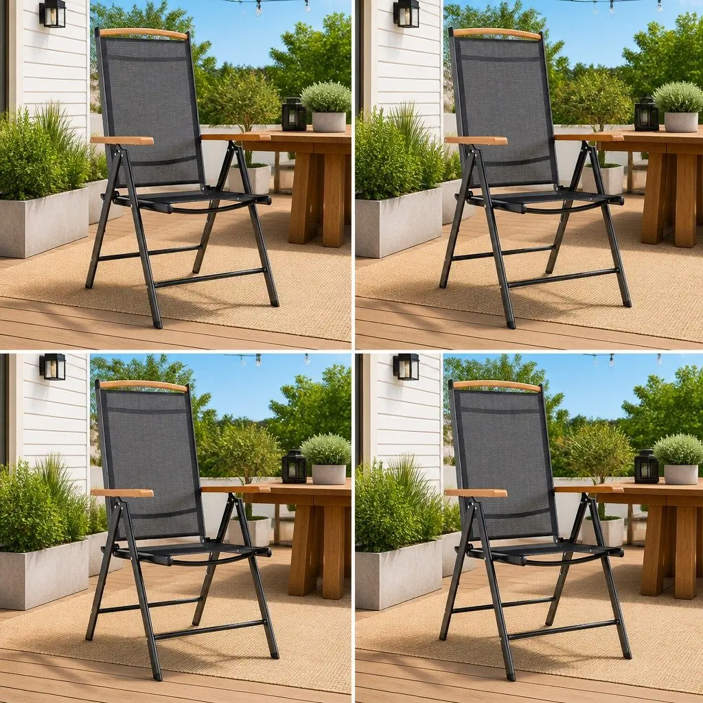 Folding Garden Chairs Set Powder-coated Aluminium 4 Piece Adjustable Textilene Black