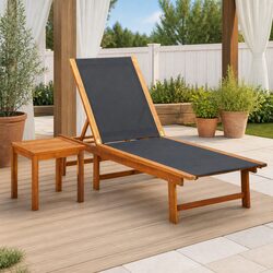 Sun Lounger with Side Table Brown Acacia Wood Textilene Outdoor Garden Furniture