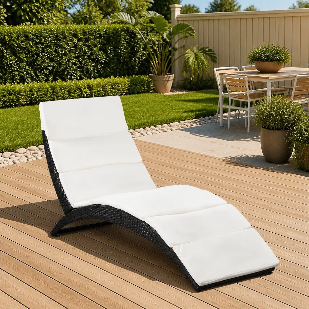 Sun Lounger Folding PE Rattan Black with Cream White Cushion