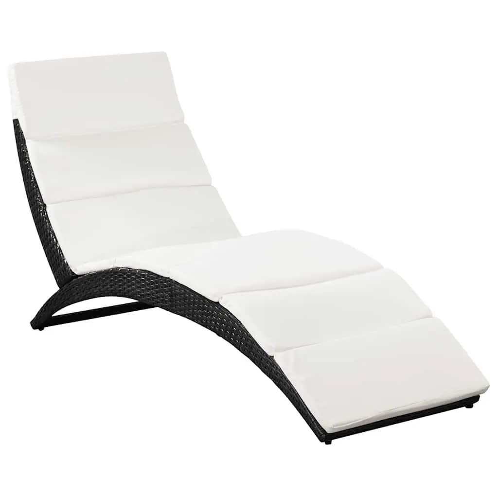 Sun Lounger Folding PE Rattan Black with Cream White Cushion