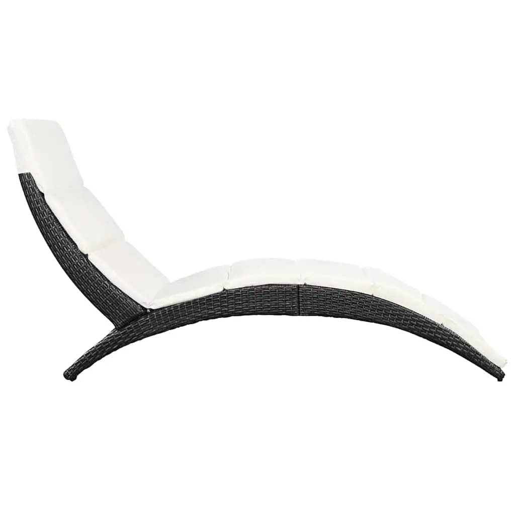 Sun Lounger Folding PE Rattan Black with Cream White Cushion