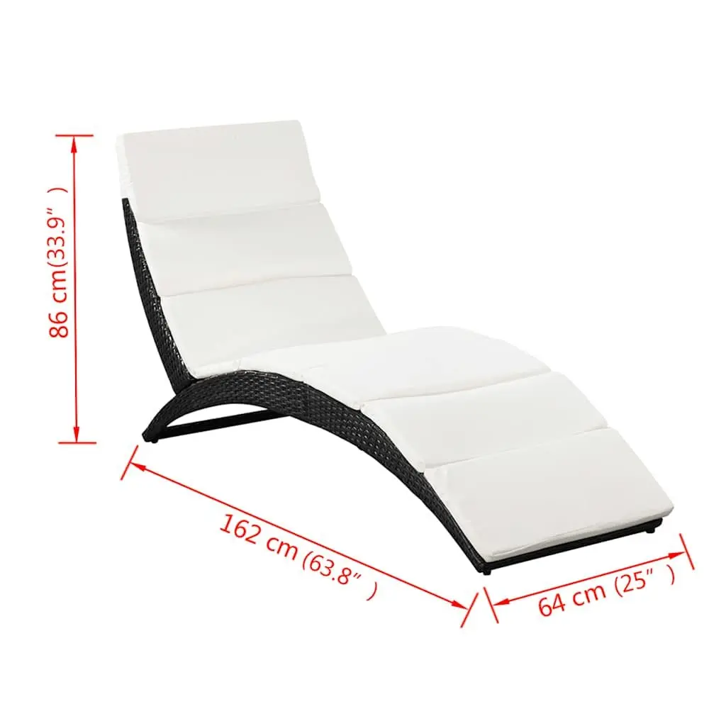 Sun Lounger Folding PE Rattan Black with Cream White Cushion