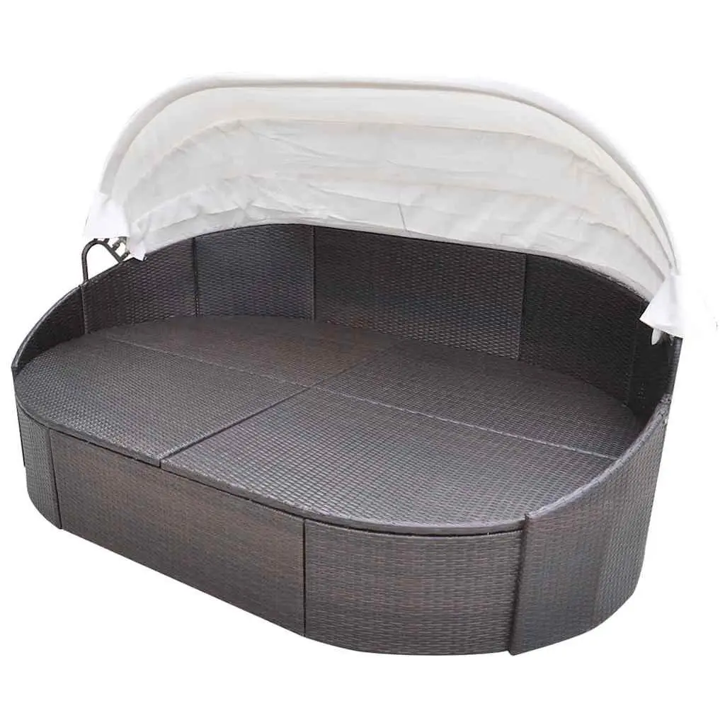Outdoor Lounge Bed PE Rattan Steel Frame Brown with Canopy