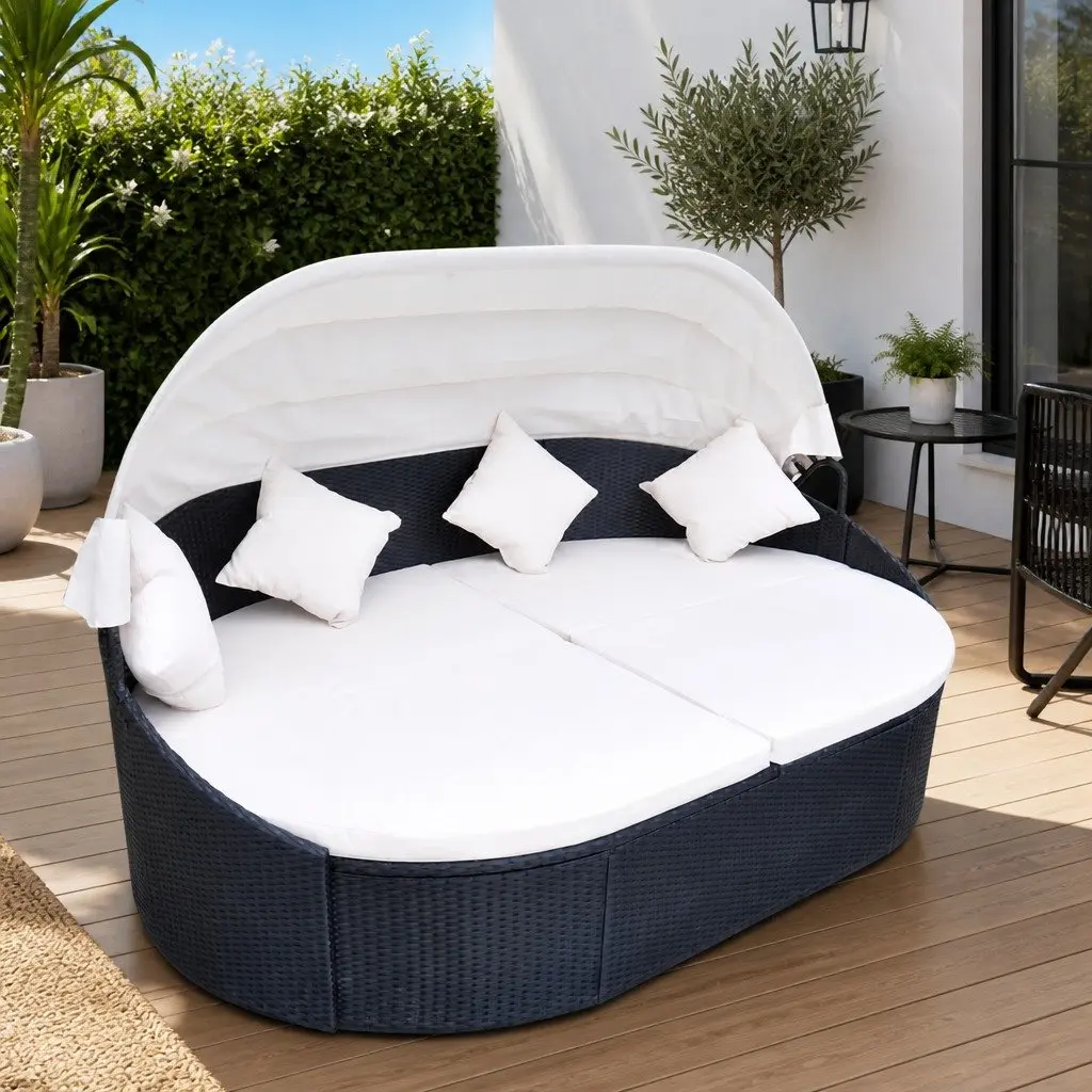 Outdoor Daybed with White Canopy PE Rattan Steel Frame Black Sun Lounger