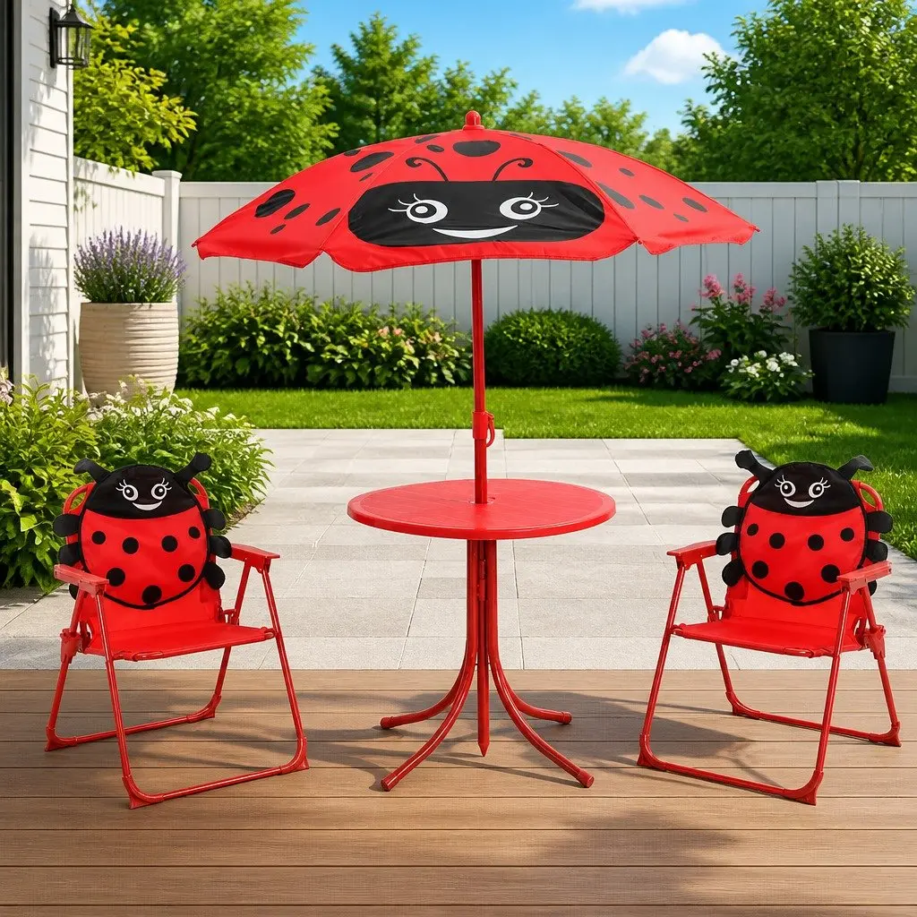 Kids Garden Bistro Set Outdoor Furniture Steel 3 Piece Table Chairs Umbrella Red
