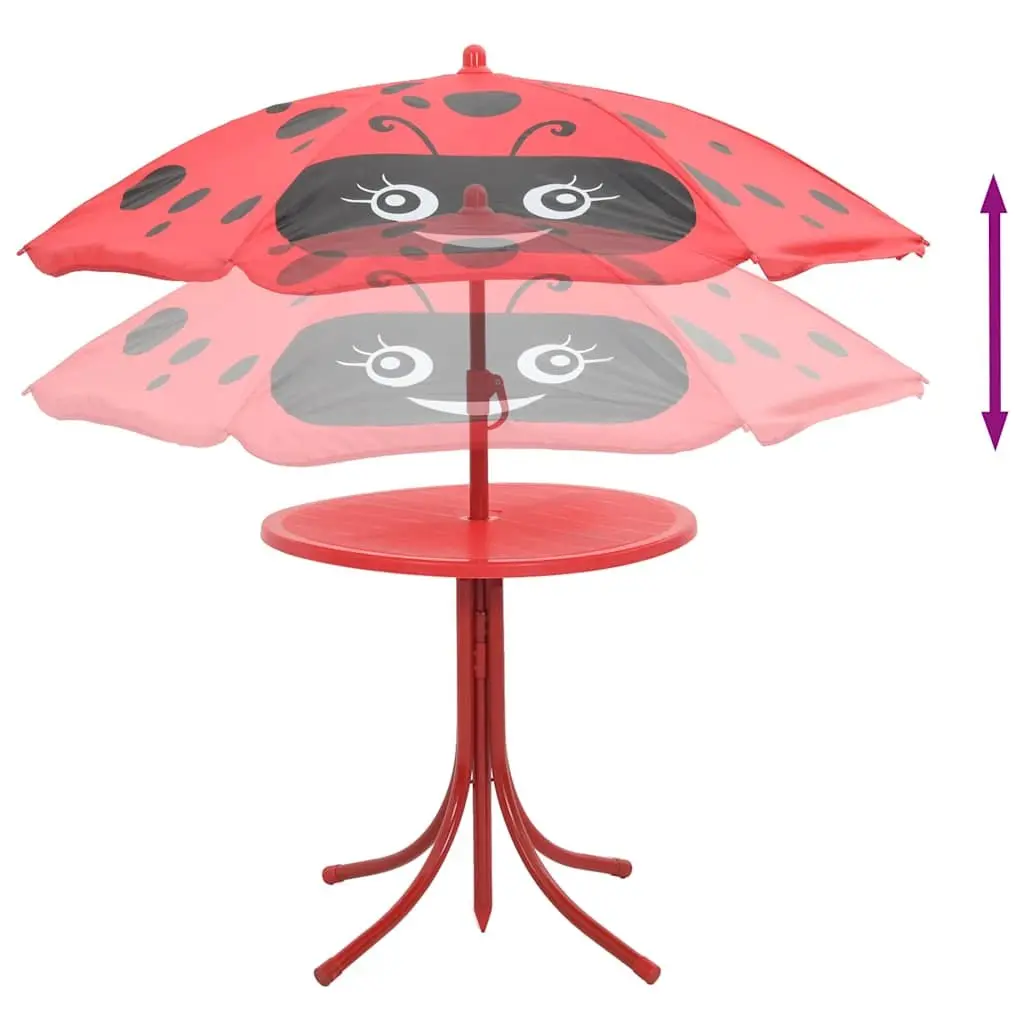 Kids Garden Bistro Set Outdoor Furniture Steel 3 Piece Table Chairs Umbrella Red