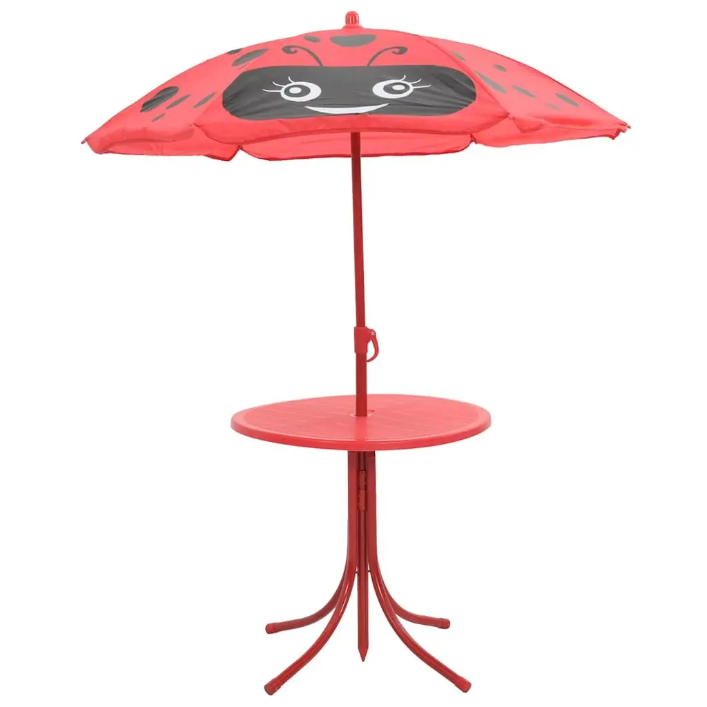 Kids Garden Bistro Set Outdoor Furniture Steel 3 Piece Table Chairs Umbrella Red