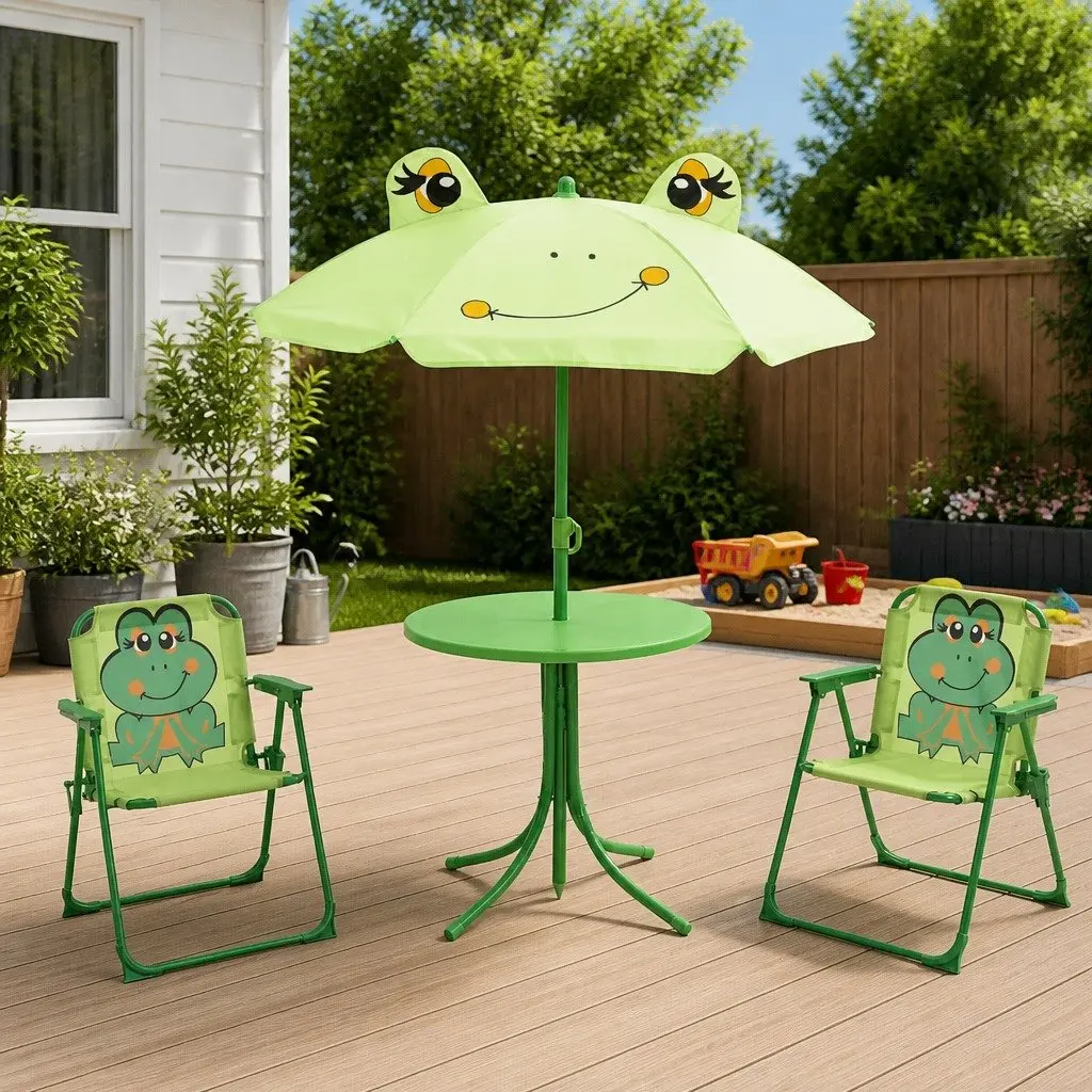 3 Piece Heavy Duty Steel Kids Outdoor Furniture Set Green Table Chairs Parasol