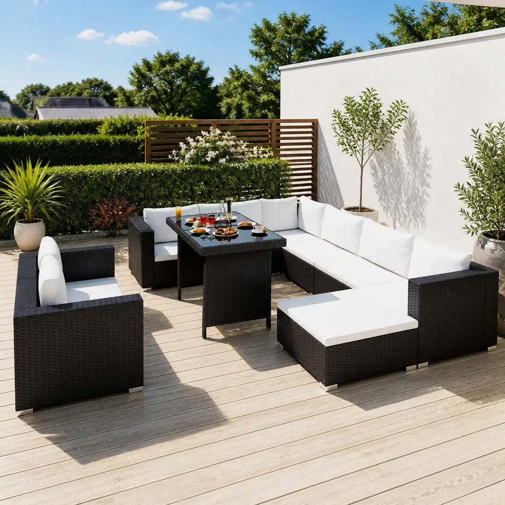 Outdoor Lounge Set 10 Piece PE Rattan Modular Patio Furniture Black