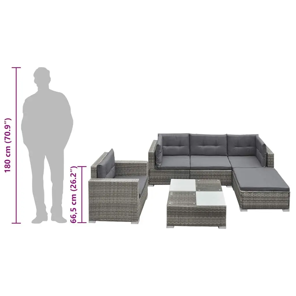 6 Piece Outdoor Lounge Set Grey PE Rattan Steel Frame Garden Patio Furniture with Cushions