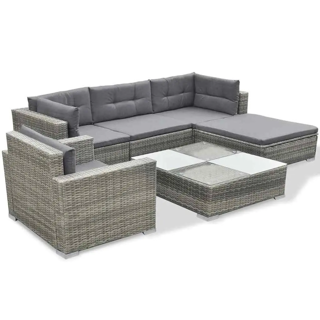 6 Piece Outdoor Lounge Set Grey PE Rattan Steel Frame Garden Patio Furniture with Cushions