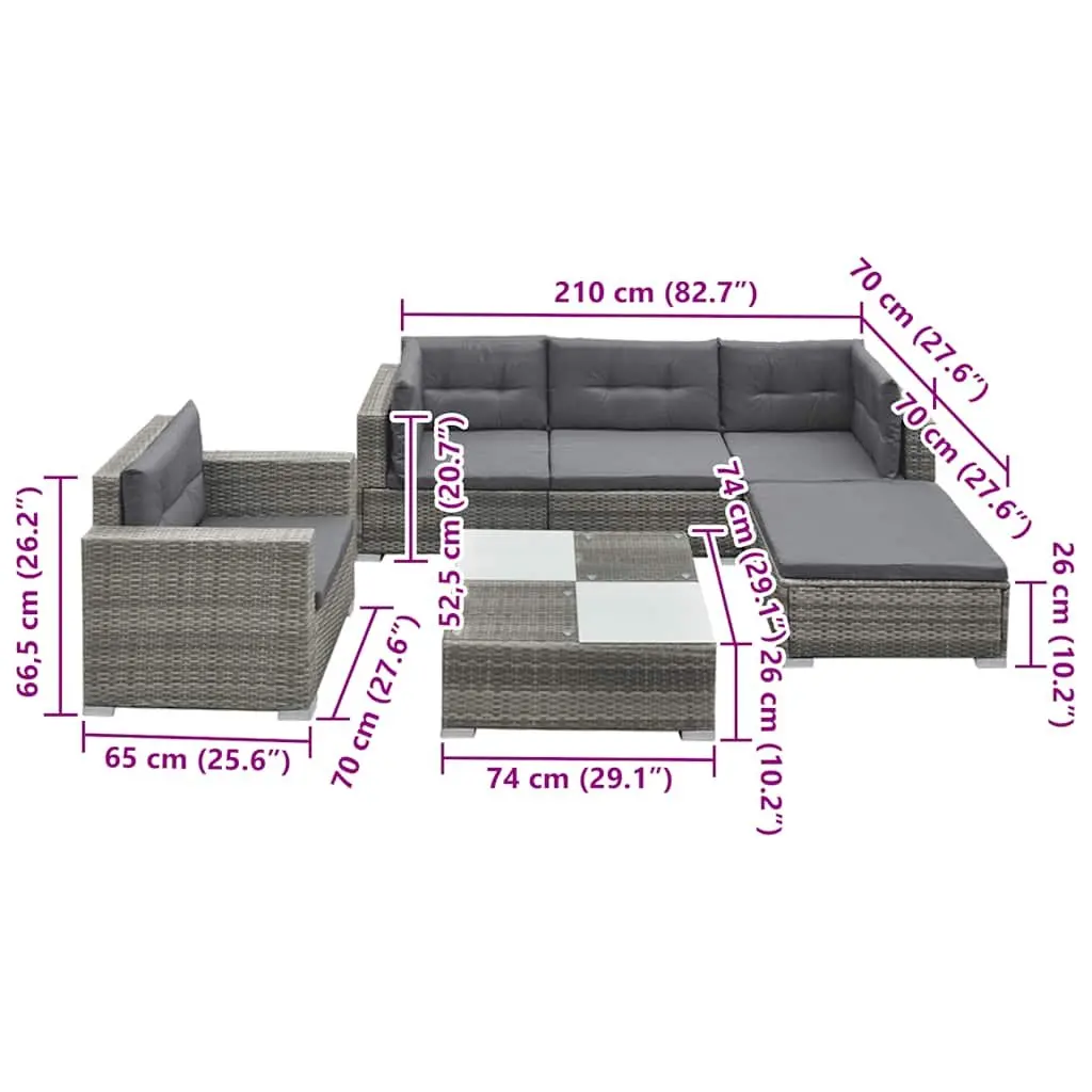 6 Piece Outdoor Lounge Set Grey PE Rattan Steel Frame Garden Patio Furniture with Cushions