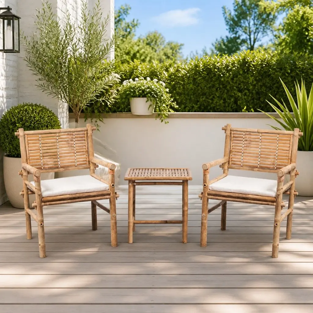 3 Piece Outdoor Bistro Set Bamboo Brown Table and Chairs with Seat Cushions