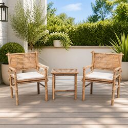 3 Piece Outdoor Bistro Set Brown Bamboo Table Chairs with Seat Cushions Garden
