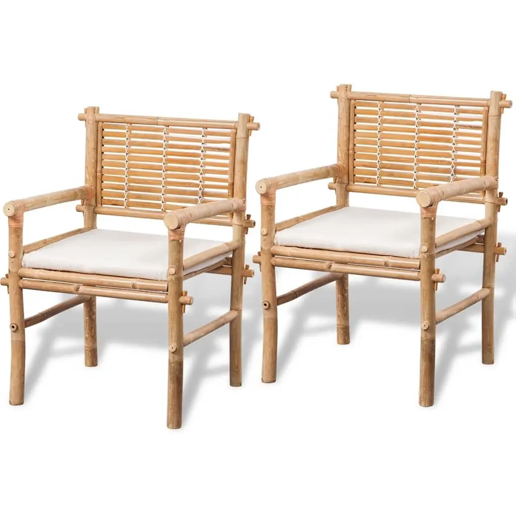 3 Piece Outdoor Bistro Set Bamboo Brown Table and Chairs with Seat Cushions
