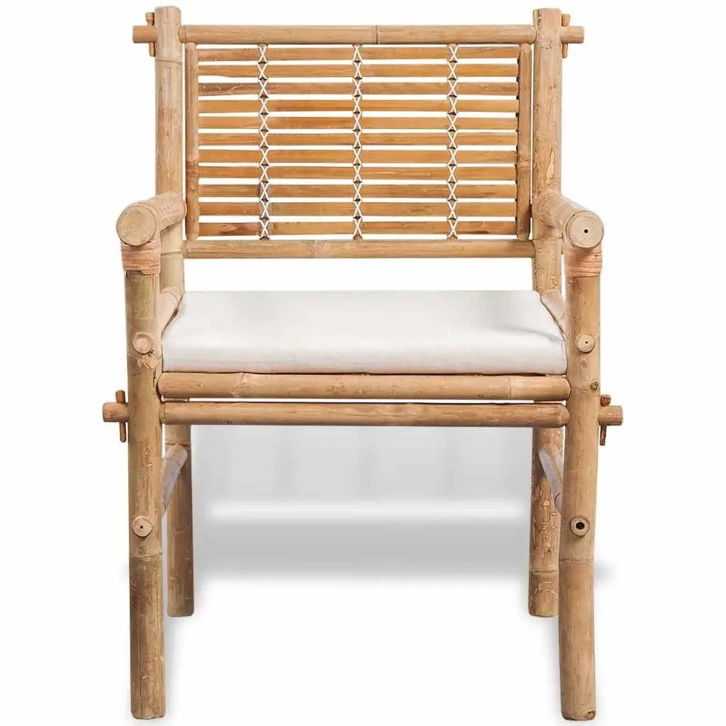 3 Piece Outdoor Bistro Set Bamboo Brown Table and Chairs with Seat Cushions