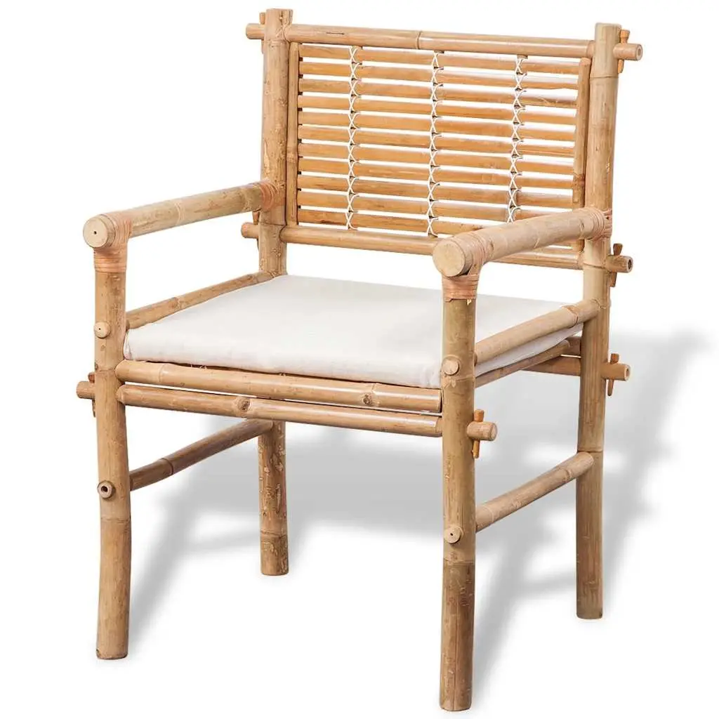 3 Piece Outdoor Bistro Set Bamboo Brown Table and Chairs with Seat Cushions
