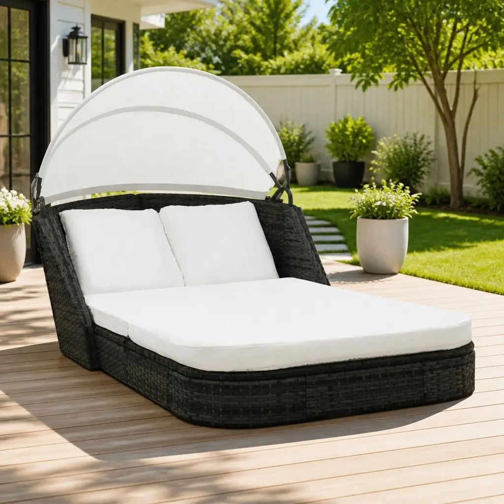 Outdoor Sun Lounger PE Rattan Black with Canopy Reclining Garden Patio Bed