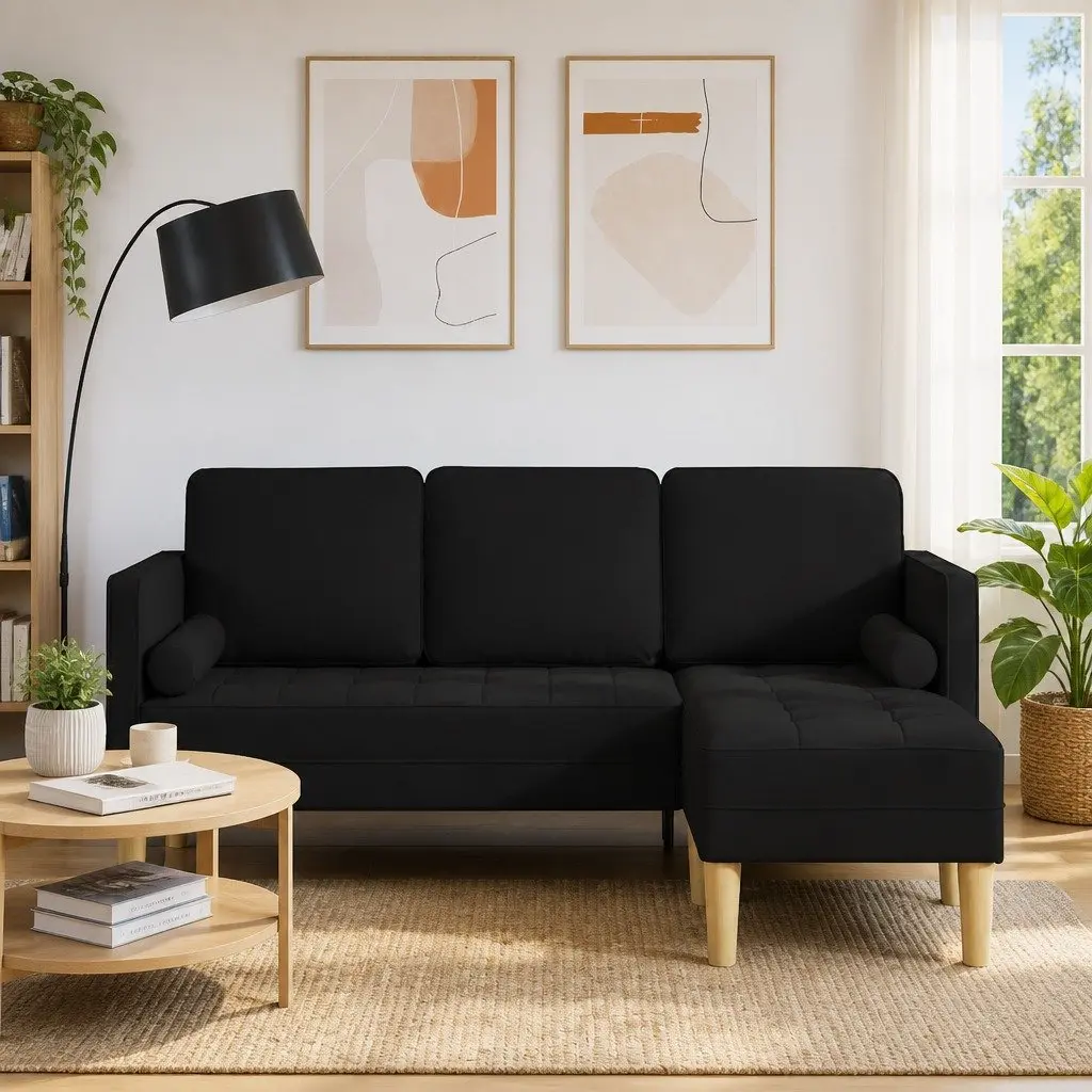 Modular Sofa Set with Cushions Black Polyester Fabric Modern Living Room Couch