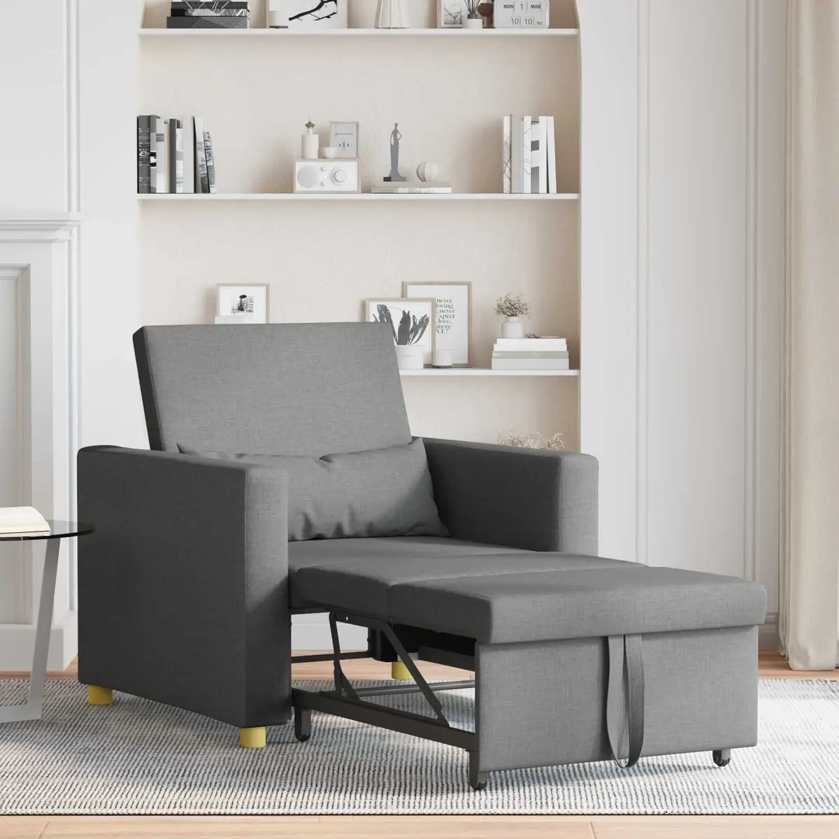 Pull Out Sofa Bed Single Grey 90x165x87cm 3-in-1 Convertible Armchair Recliner
