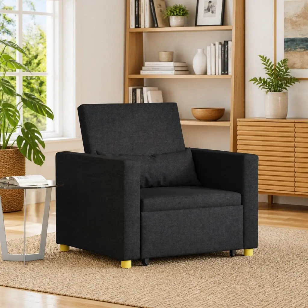 Single Sofa Bed Convertible Armchair Recliner 3-in-1 Black Steel Frame