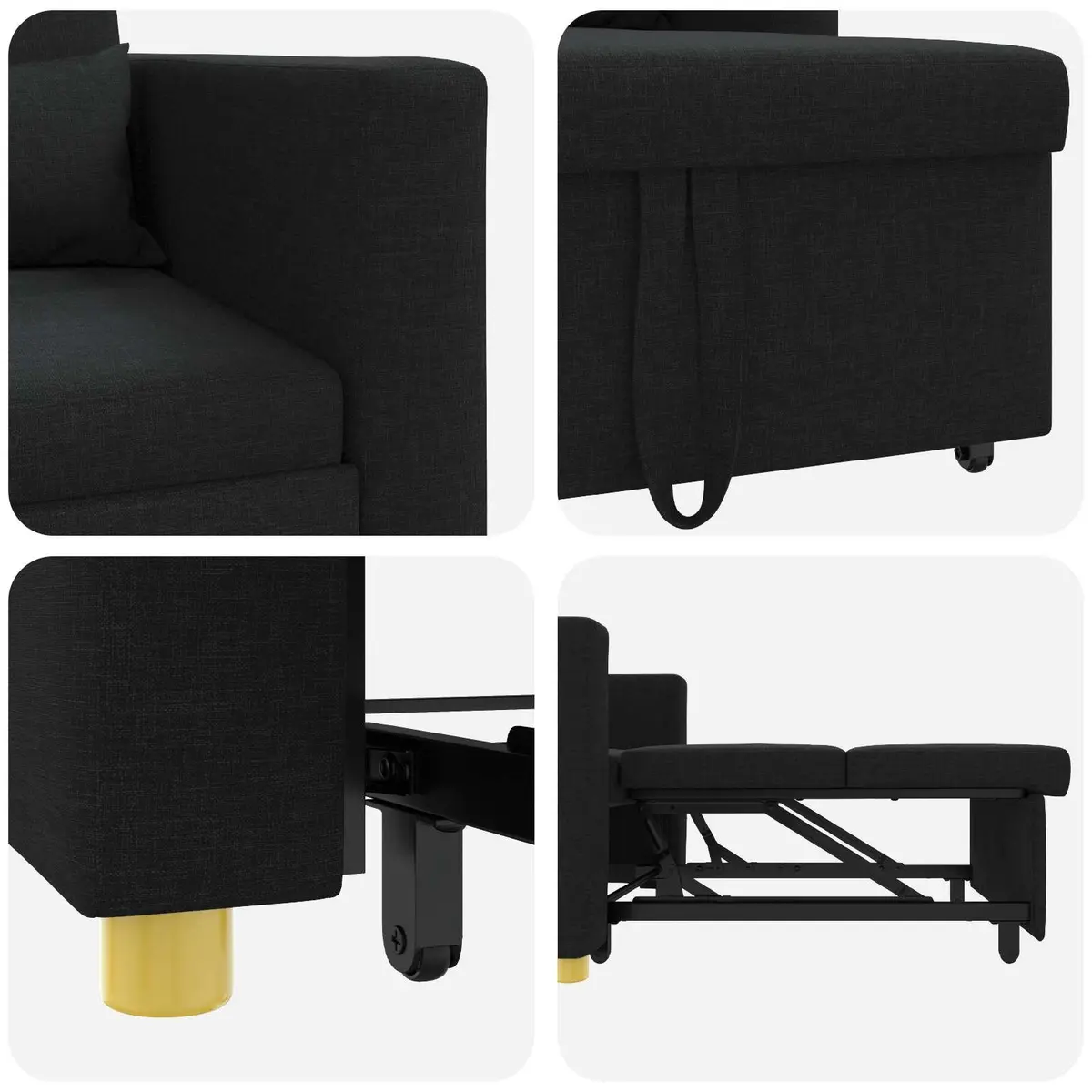 Single Sofa Bed Convertible Armchair Recliner 3-in-1 Black Steel Frame