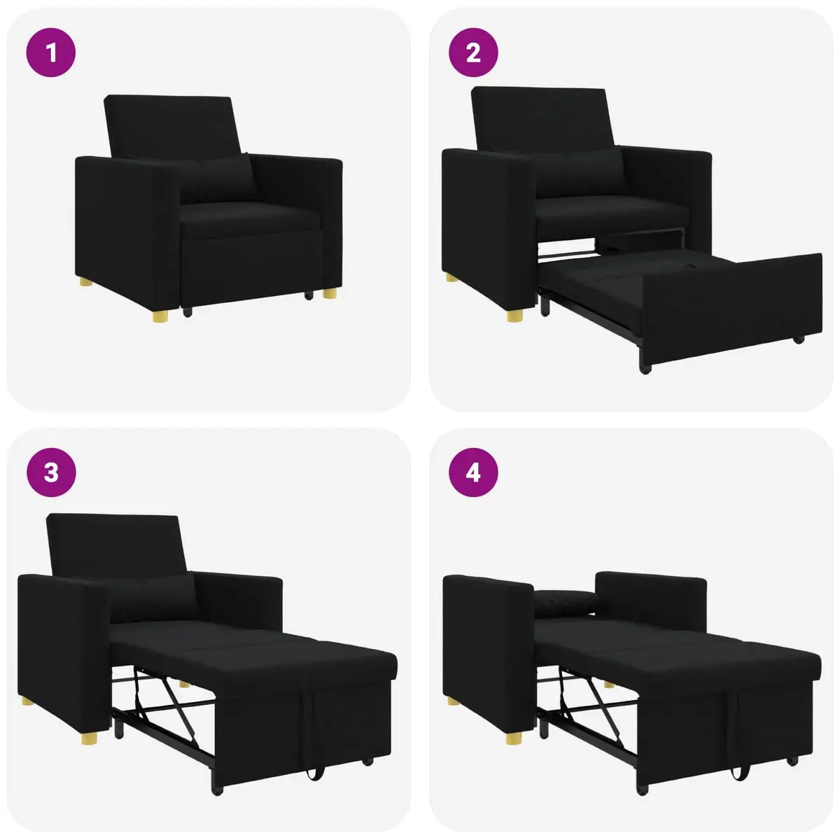 Single Sofa Bed Convertible Armchair Recliner 3-in-1 Black Steel Frame