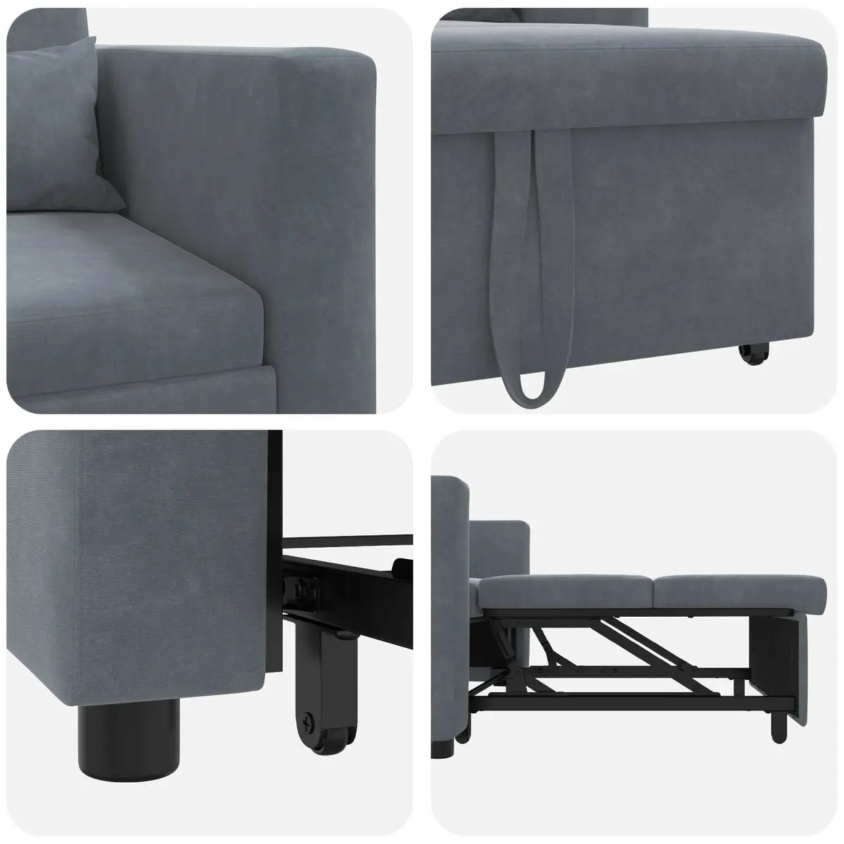 Single Sofa Bed Pull Out with Wheels Convertible Chair Recliner Grey Velvet