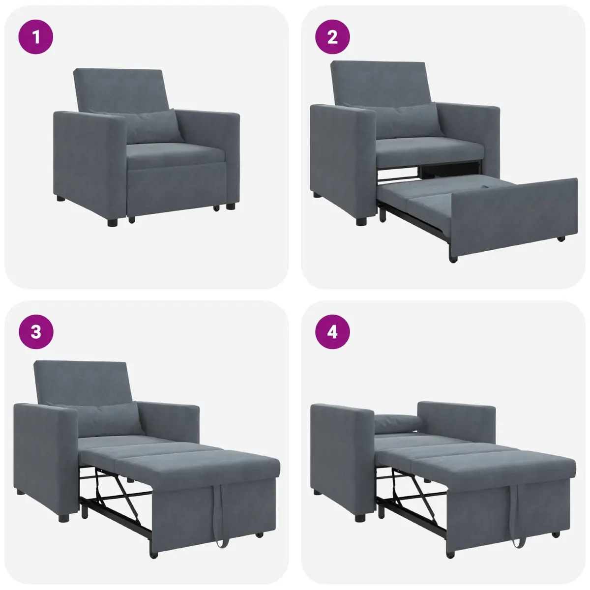 Single Sofa Bed Pull Out with Wheels Convertible Chair Recliner Grey Velvet
