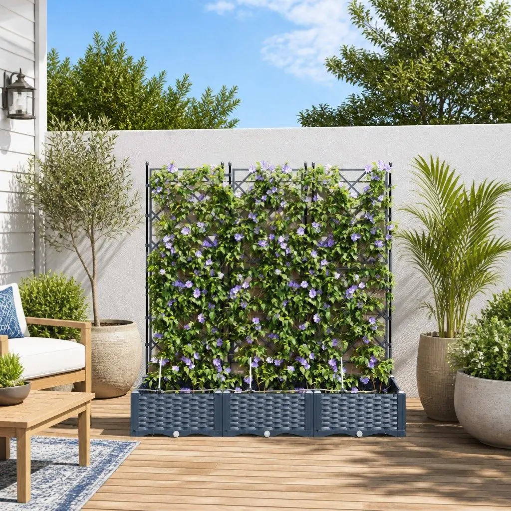 Large Outdoor Planter Set 3 Piece Grey Modern Polypropylene Garden Décor