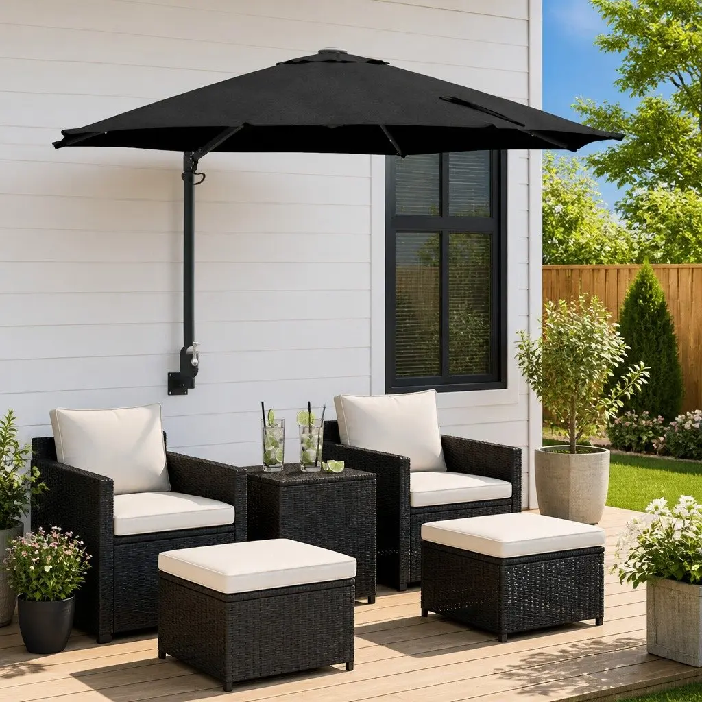 Garden Parasol Polyester 248cm Black Outdoor Shade with Tilt and Solar LED Lights