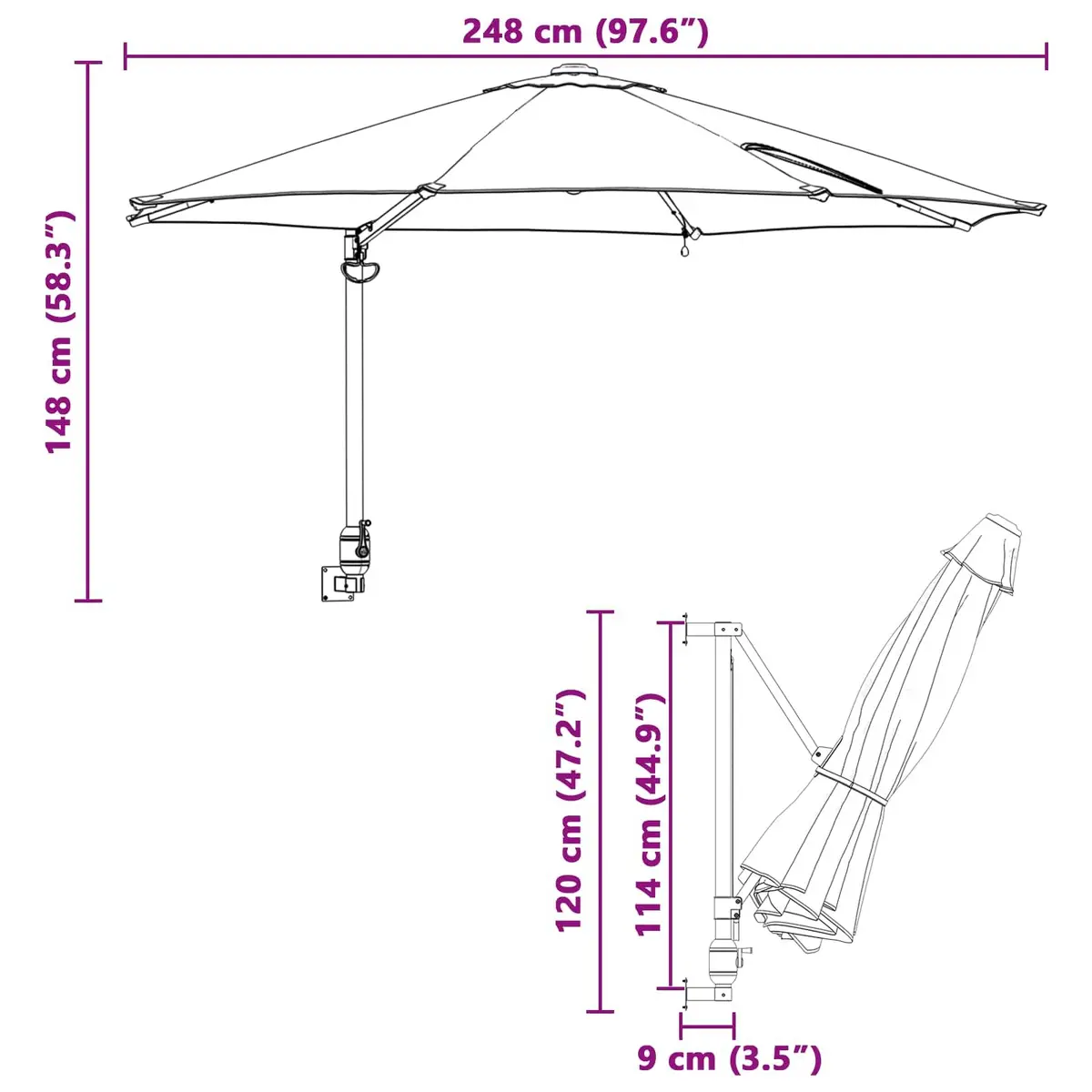 Garden Parasol Polyester 248cm Black Outdoor Shade with Tilt and Solar LED Lights