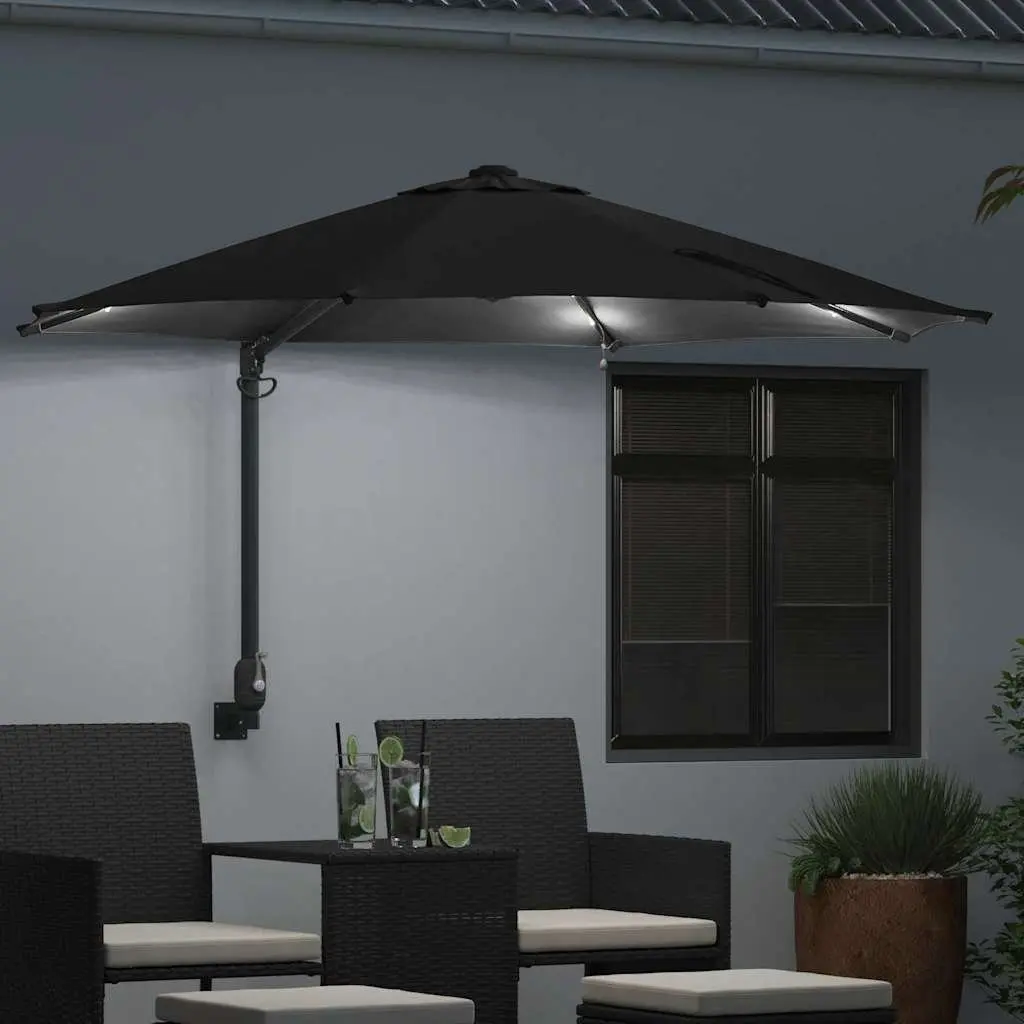 Garden Parasol Polyester 248cm Black Outdoor Shade with Tilt and Solar LED Lights