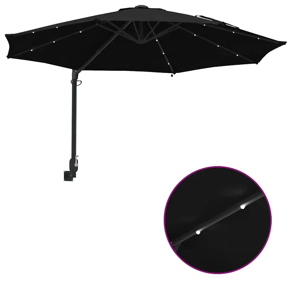 Garden Parasol Polyester 248cm Black Outdoor Shade with Tilt and Solar LED Lights