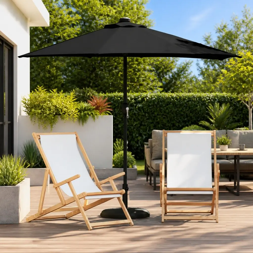 Garden Parasol Polyester 294 x 150 x 223 cm Black Outdoor Umbrella Sunshade with Solar LED Lights Hand Crank