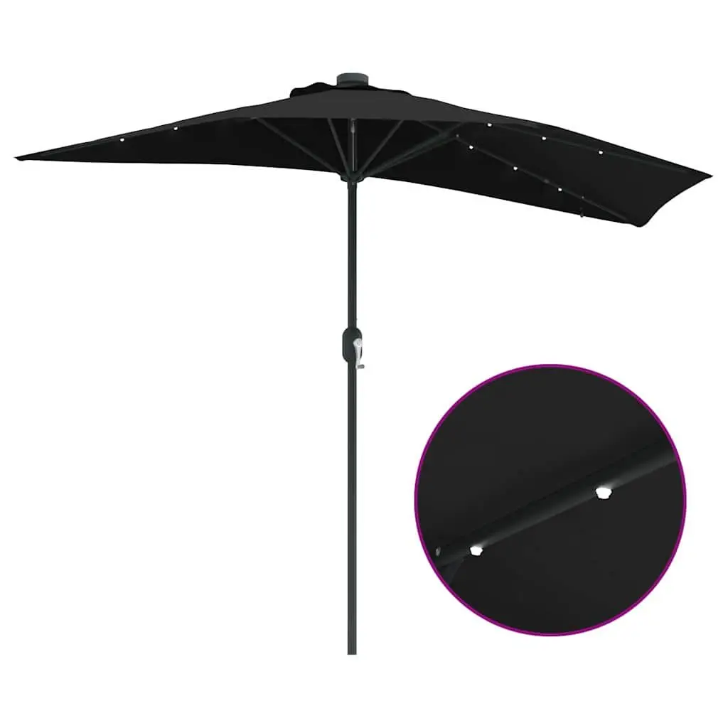 Garden Parasol Polyester 294 x 150 x 223 cm Black Outdoor Umbrella Sunshade with Solar LED Lights Hand Crank