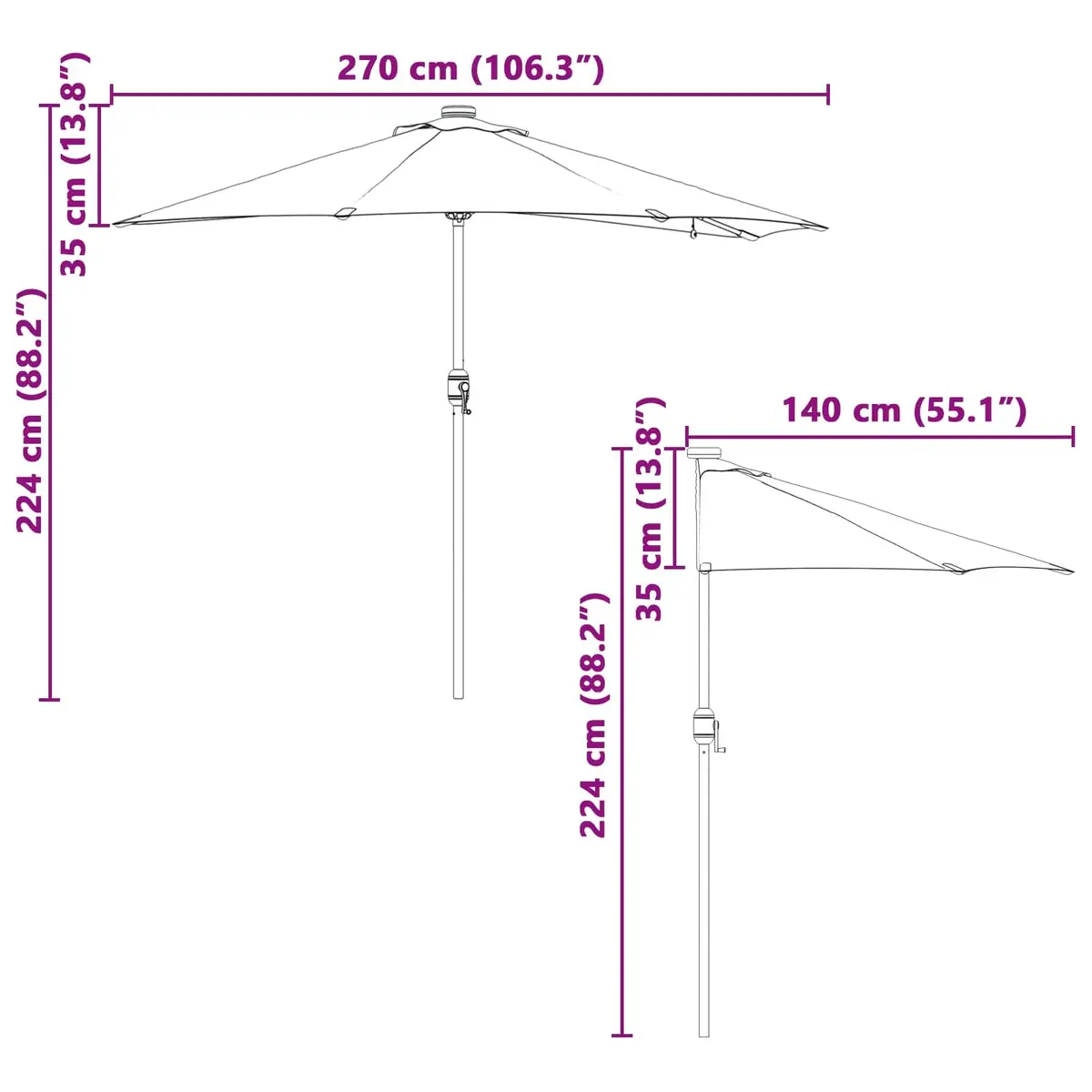 Garden Parasol Polyester 294 x 150 x 223 cm Black Outdoor Umbrella Sunshade with Solar LED Lights Hand Crank