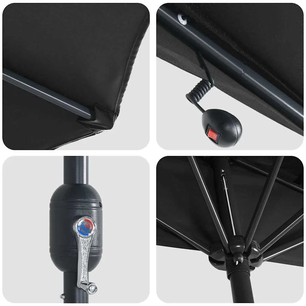 Garden Parasol Polyester 294 x 150 x 223 cm Black Outdoor Umbrella Sunshade with Solar LED Lights Hand Crank