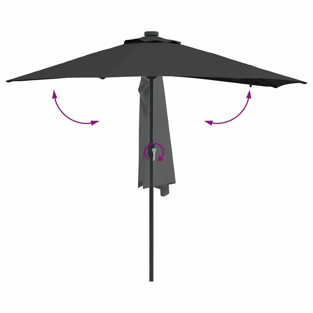 Garden Parasol Polyester 294 x 150 x 223 cm Black Outdoor Umbrella Sunshade with Solar LED Lights Hand Crank