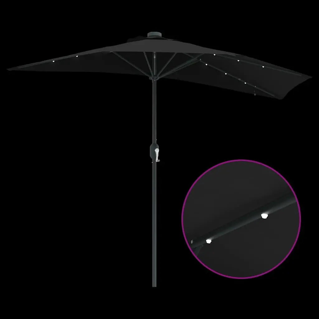 Garden Parasol Polyester 294 x 150 x 223 cm Black Outdoor Umbrella Sunshade with Solar LED Lights Hand Crank