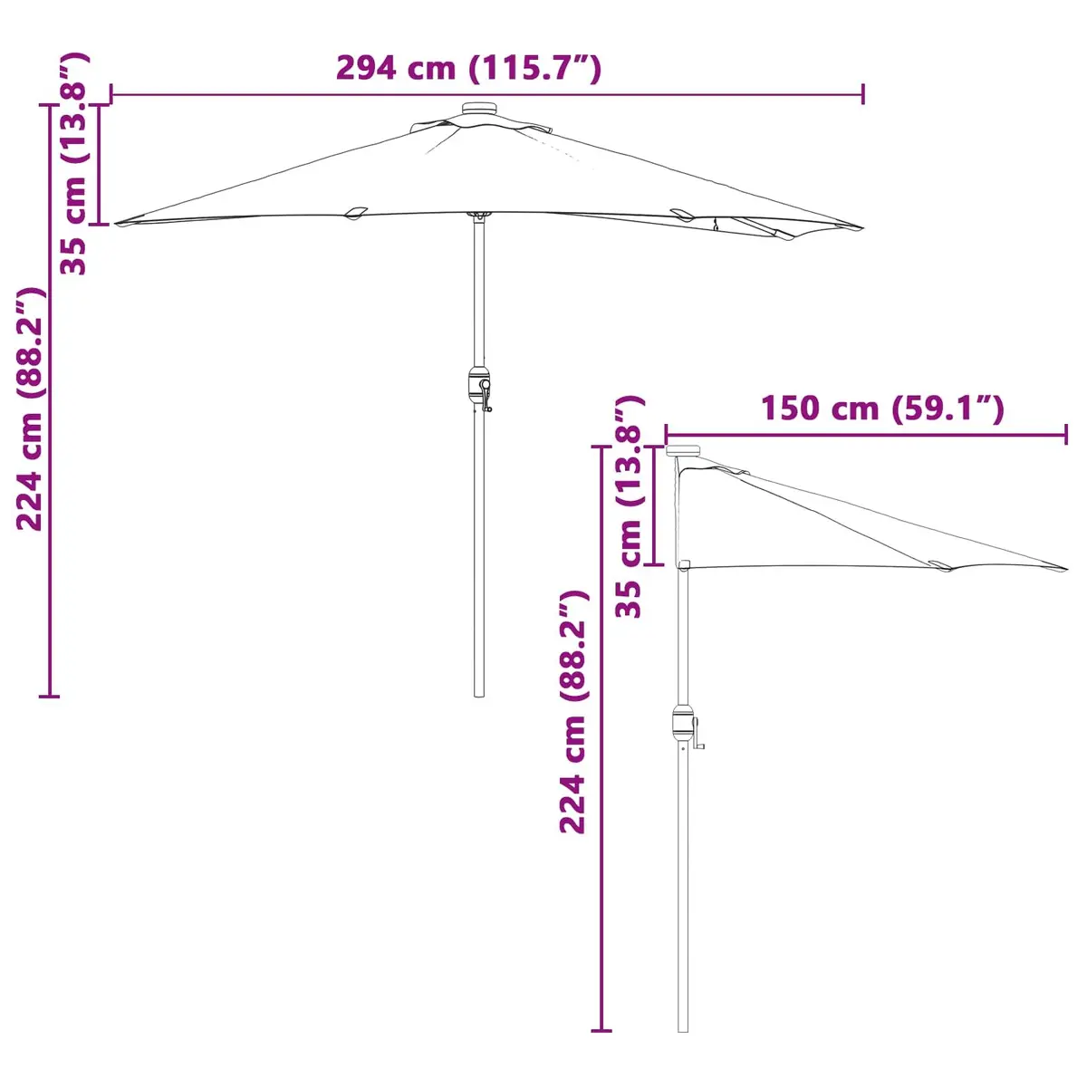 Garden Parasol Outdoor Umbrella with LED Lights Manual Crank 294x150x224cm Brown