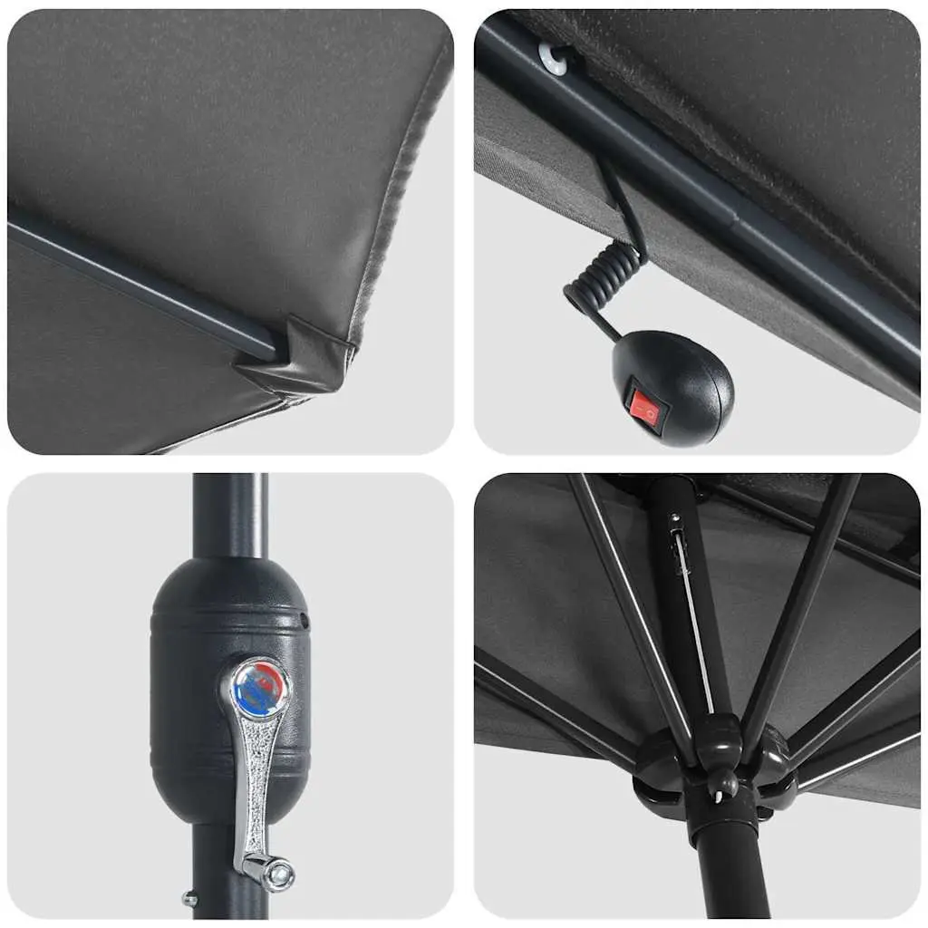 Garden Parasol Outdoor Umbrella LED Lights Manual Crank Anthracite 294x150x224cm