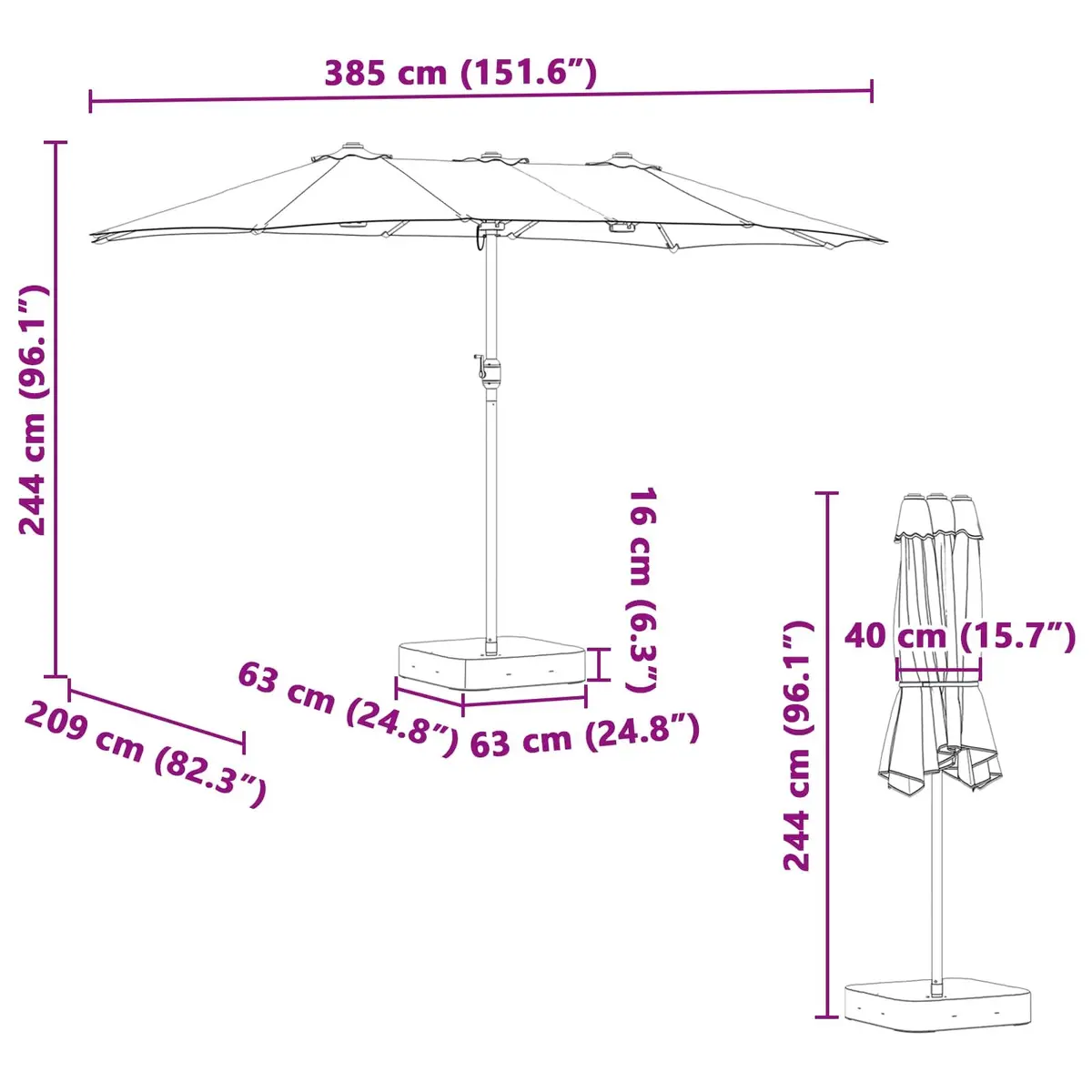 Garden Parasol Powder-coated Steel Anthracite 385 x 209 x 244 cm UV-resistant Polyester Canopy